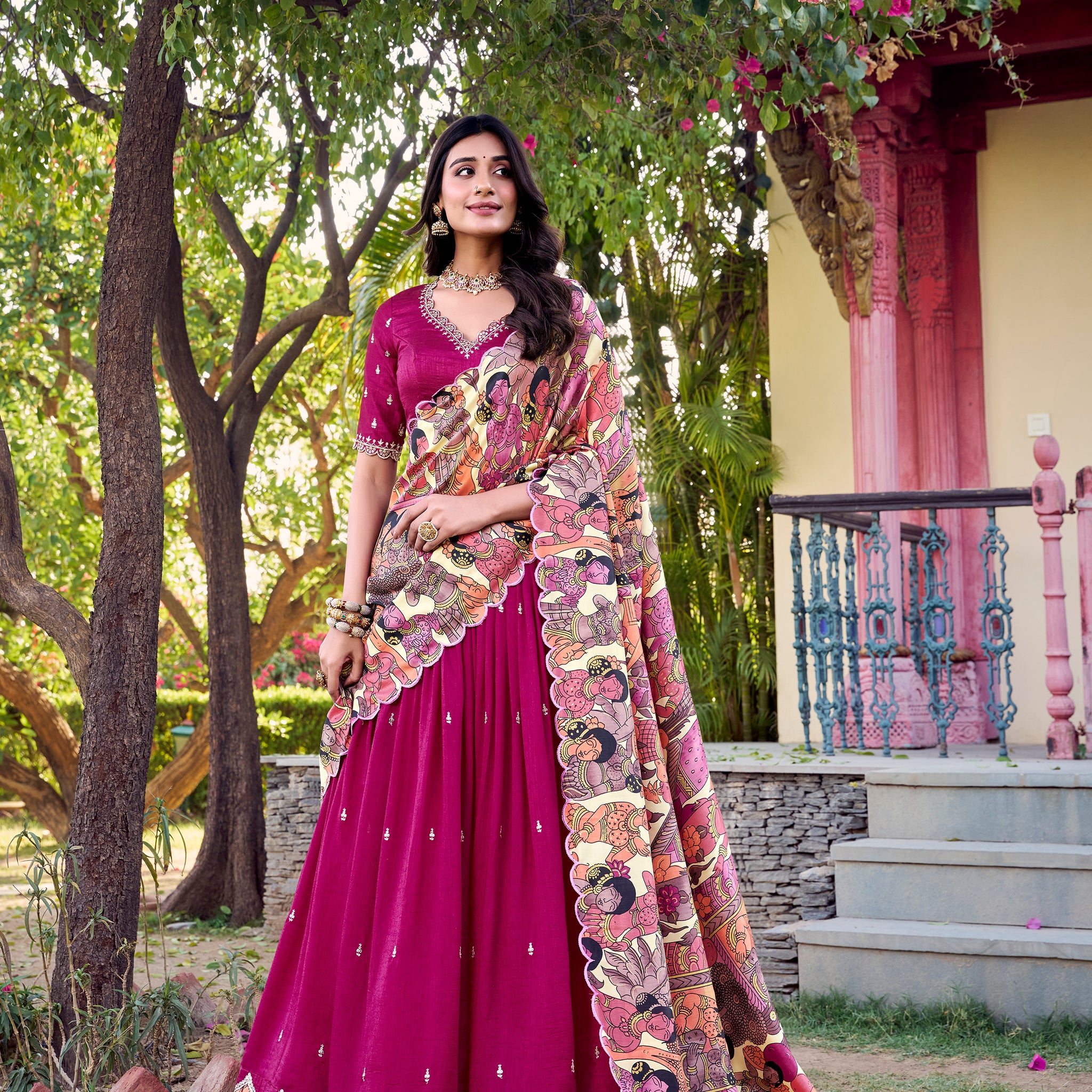 TILTON VICHITRA SILK THREAD EMBROIDERED AND KALAMKARI PRINTED LEHENGA CHOLI WITH DUPATTA