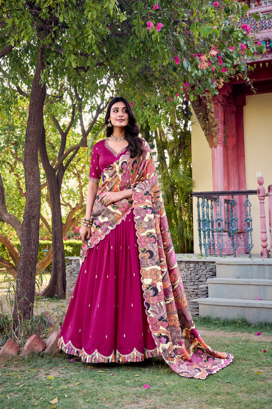 TILTON VICHITRA SILK THREAD EMBROIDERED AND KALAMKARI PRINTED LEHENGA CHOLI WITH DUPATTA