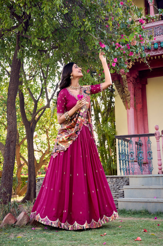 TILTON VICHITRA SILK THREAD EMBROIDERED AND KALAMKARI PRINTED LEHENGA CHOLI WITH DUPATTA
