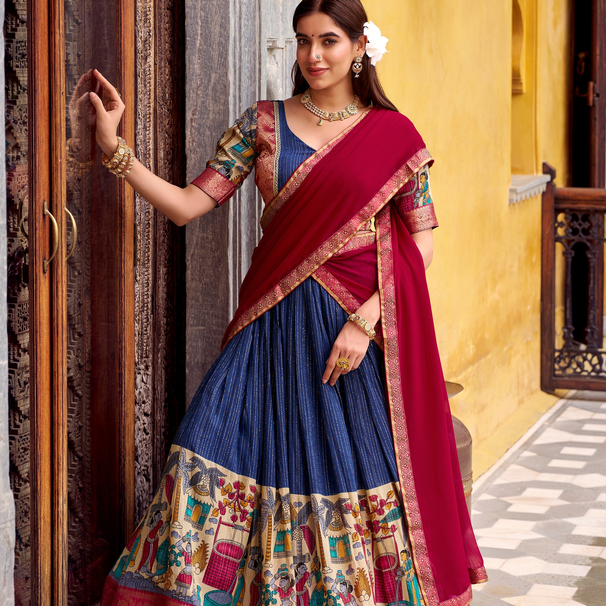 TILTON FESTIVAL SPECIAL POLY CHANDERI KALAMKARI PRINTED LEHENGA CHOLI WITH DUPATTA