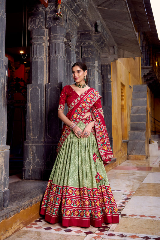 TILTON FESTIVAL SPECIAL TUSSAR SILK IKKAT PRINT LEHENGA CHOLI WITH DUPATTA