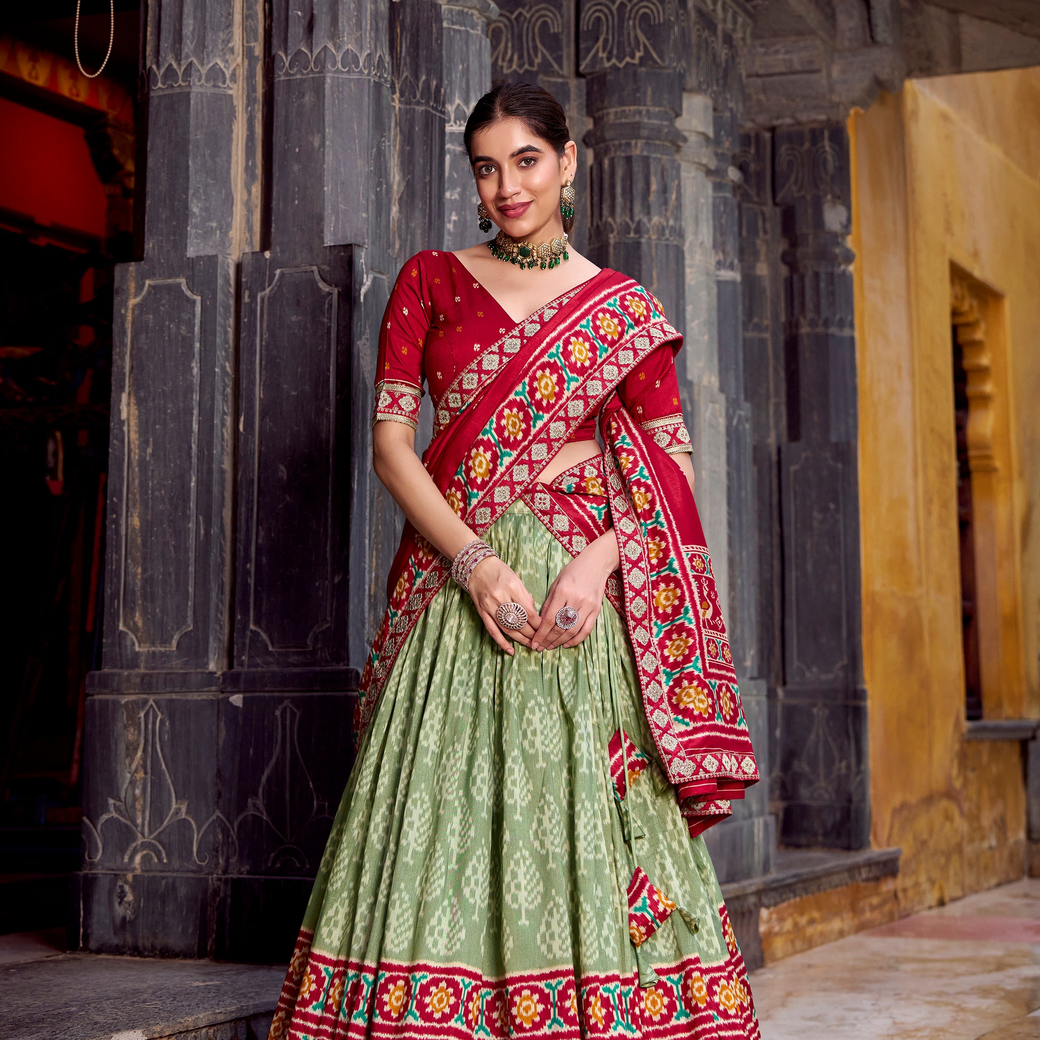 TILTON FESTIVAL SPECIAL TUSSAR SILK IKKAT PRINT LEHENGA CHOLI WITH DUPATTA