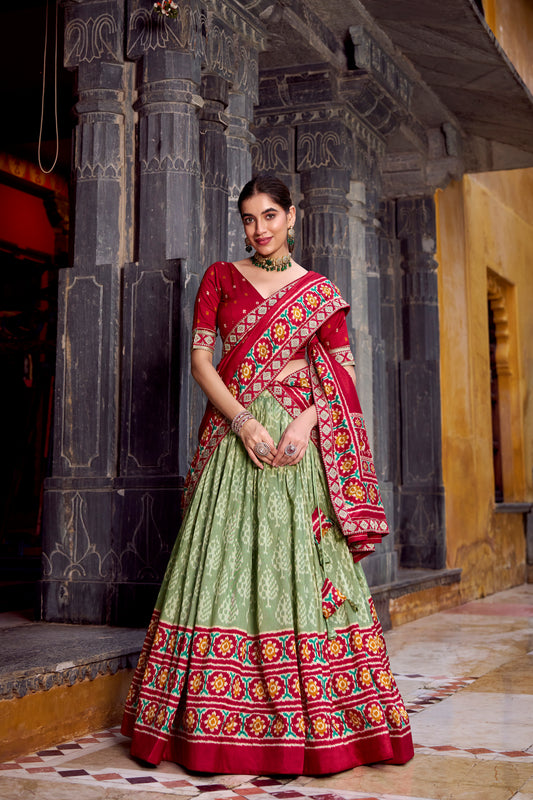TILTON FESTIVAL SPECIAL TUSSAR SILK IKKAT PRINT LEHENGA CHOLI WITH DUPATTA