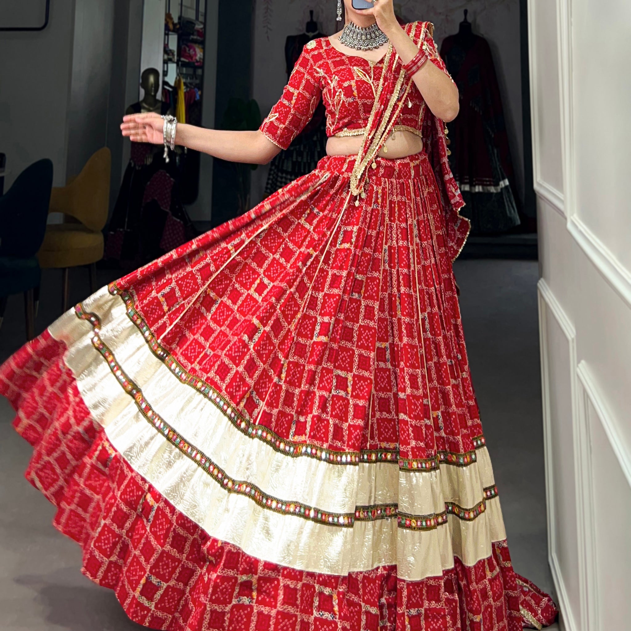 TILTON PREMIUM RED RAYON LEHENGA AND RAJASTHANI WORK BLOUSE WITH DUPATTA