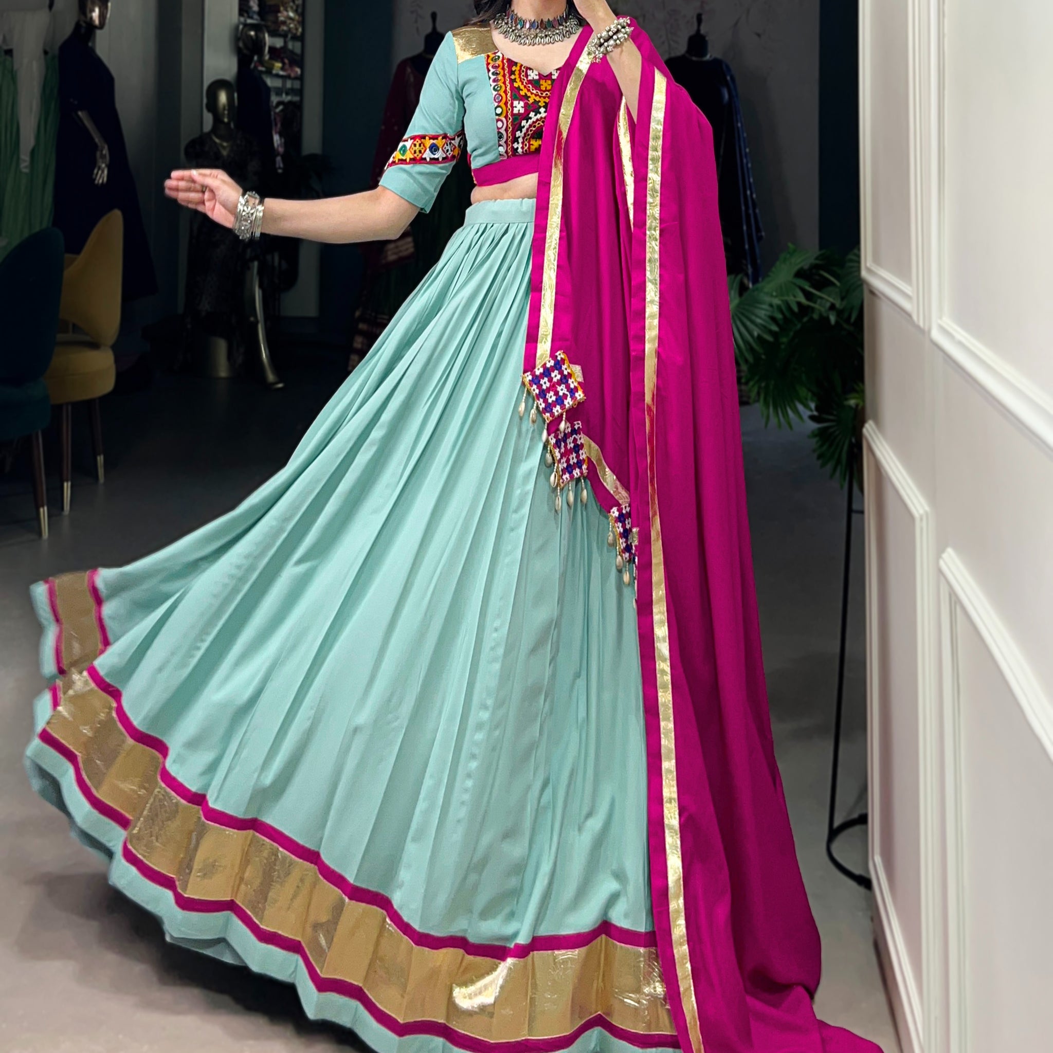 TILTON NAVRATRI SPECIAL GAMTHI WORK PURE RAYON LEHENGA CHOLI WITH DUPATTA