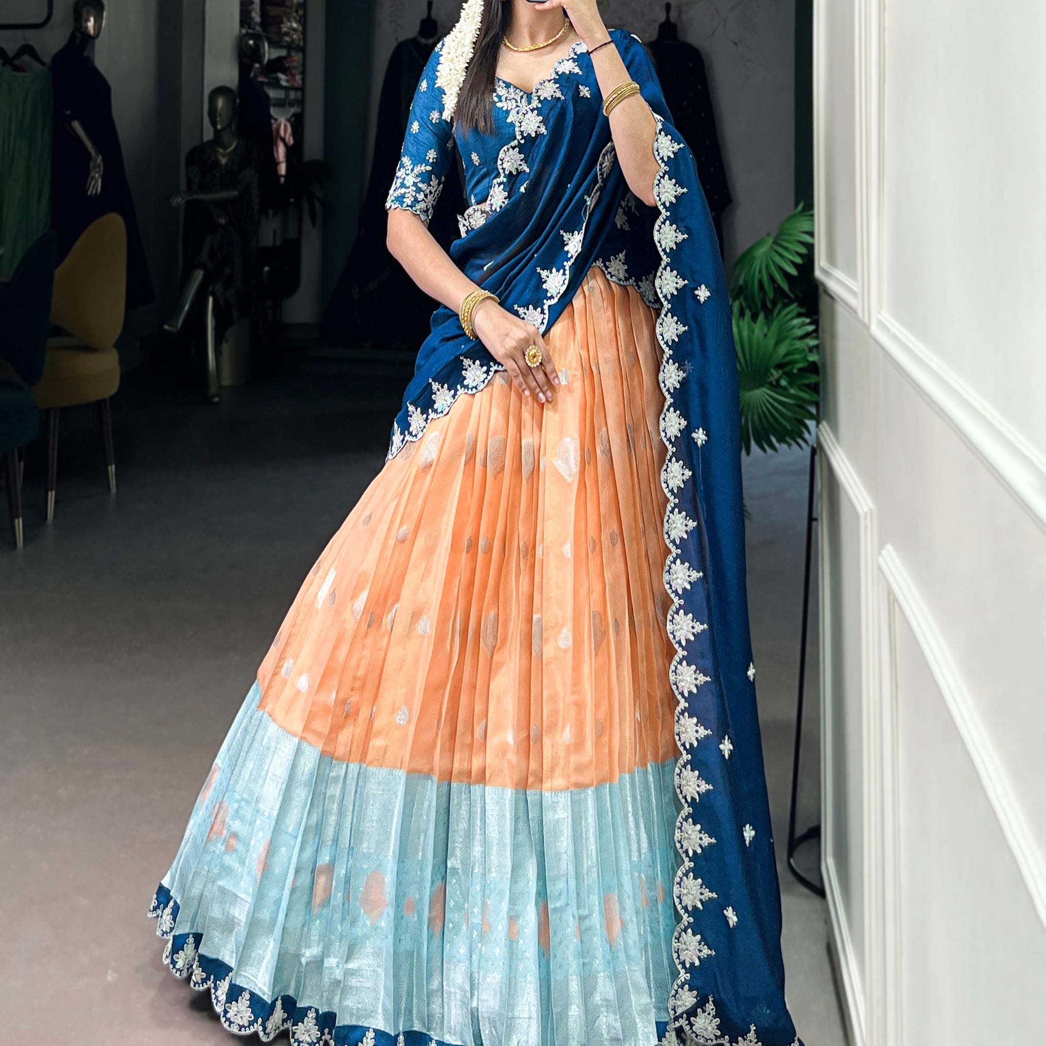 TILTON ZARI KOTA SEQUINS AND THREAD EMBROIDERY LEHENGA CHOLI WITH DUPATTA