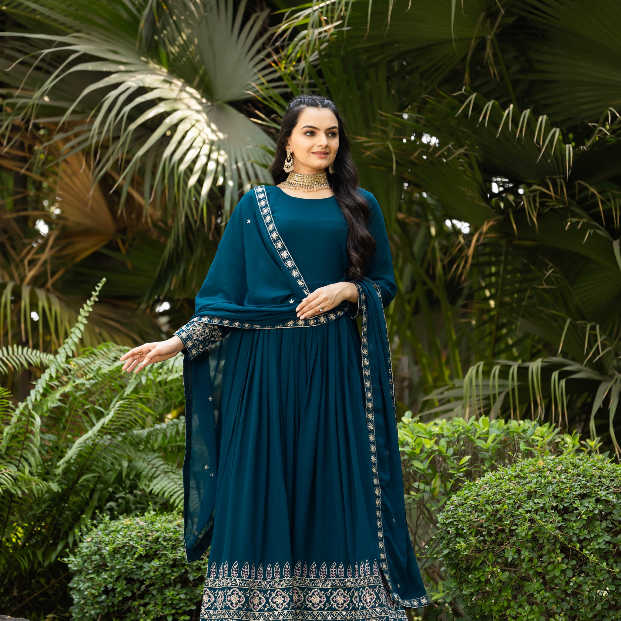 TILTON FAUX BLOOMING SEQUANCE EMBROIDERED GOWN WITH DUPATTA