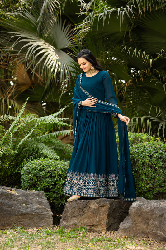 TILTON FAUX BLOOMING SEQUANCE EMBROIDERED GOWN WITH DUPATTA