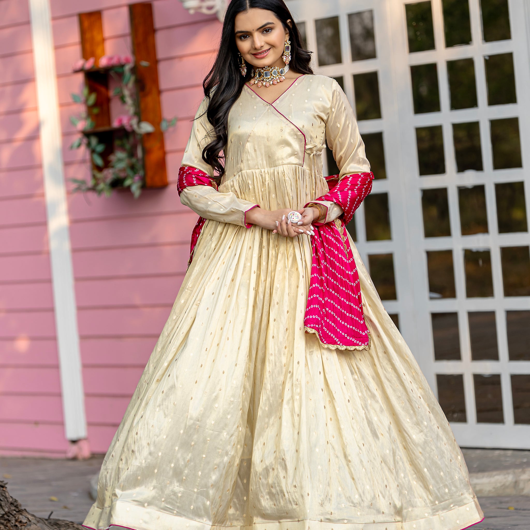 TILTON FESTIVAL SPECIAL JEQUARD BUTTI GOWN WITH CHINON BANDHANI PRINT DUPATTA