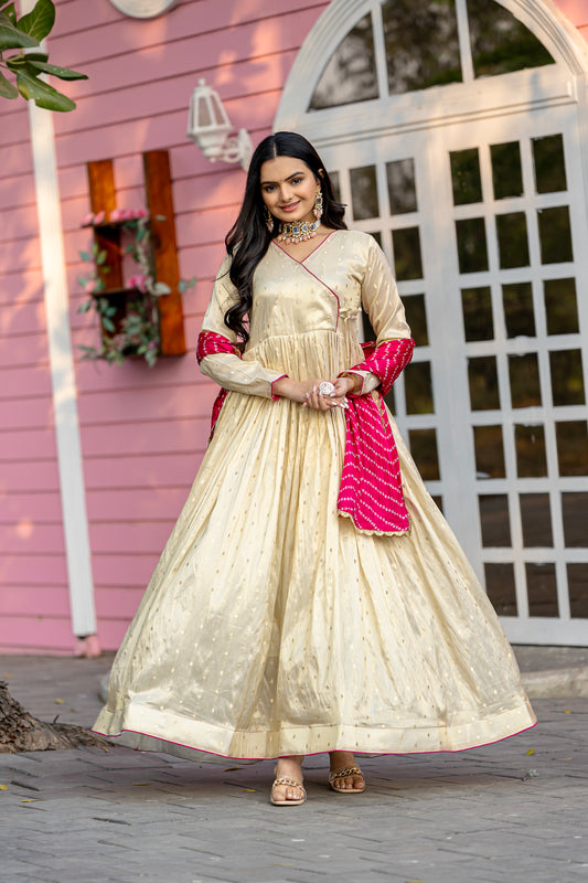 TILTON FESTIVAL SPECIAL JEQUARD BUTTI GOWN WITH CHINON BANDHANI PRINT DUPATTA