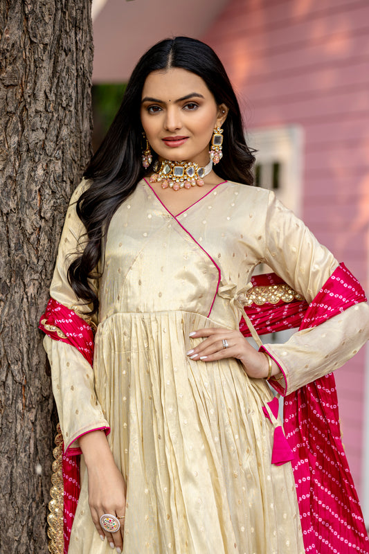 TILTON FESTIVAL SPECIAL JEQUARD BUTTI GOWN WITH CHINON BANDHANI PRINT DUPATTA