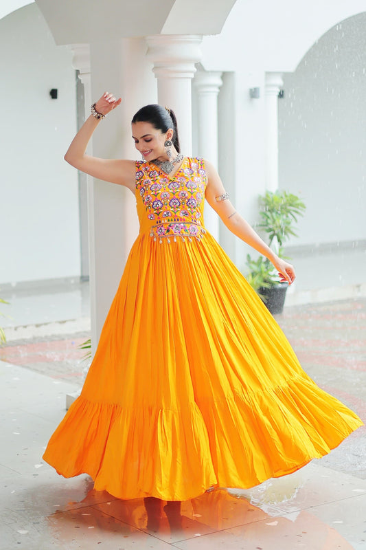 TILTON NAVRATRI SPECIAL RAYON GAMTHI WORK AND MIRROR WORK GOWN