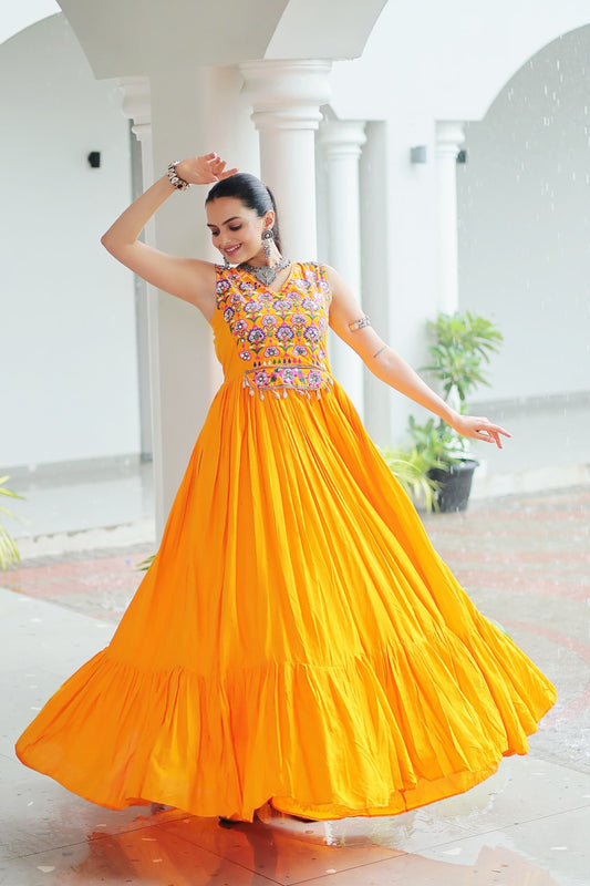 TILTON NAVRATRI SPECIAL RAYON GAMTHI WORK AND MIRROR WORK GOWN