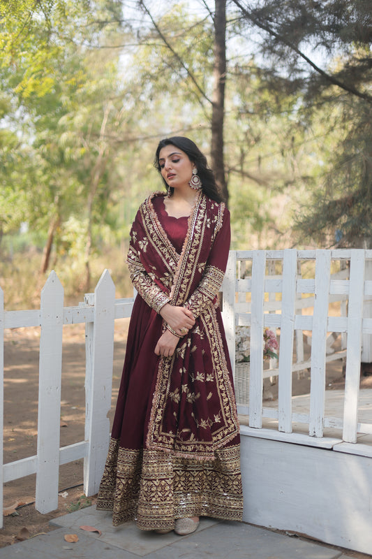 TILTON DARK MAROON HEAVY SEQUINS EMBROIDERY WORK GOWN WITH DUPATTA