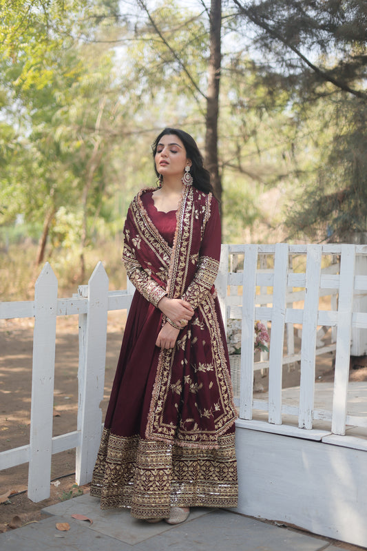 TILTON DARK MAROON HEAVY SEQUINS EMBROIDERY WORK GOWN WITH DUPATTA