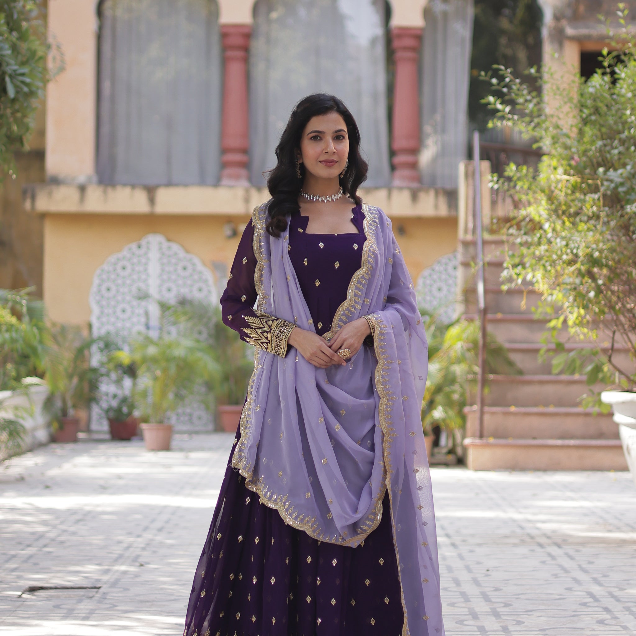 TILTON FAUX BLOOMING EMBROIDERED GOWN WITH DUPATTA