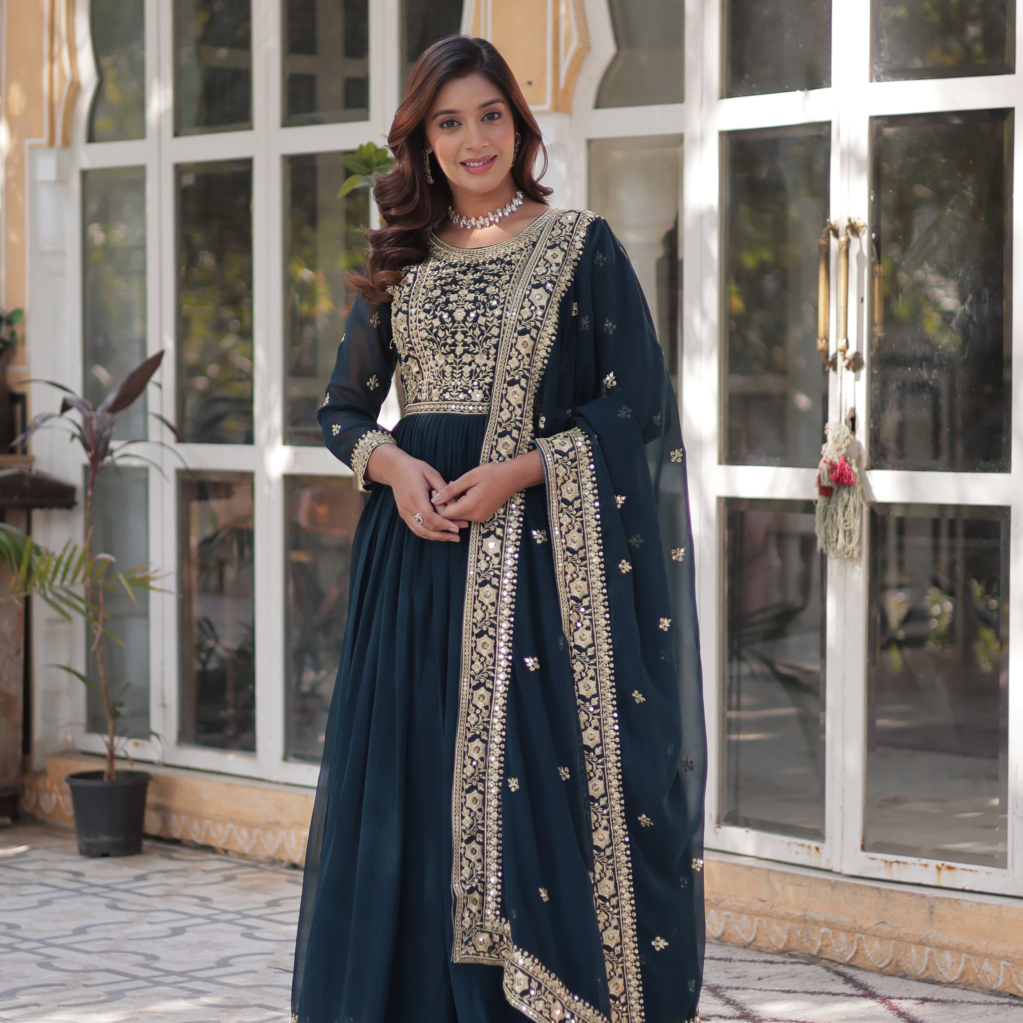 TILTON FAUX BLOOMING SEQUANCE EMBROIDERED GOWN WITH DUPATTA