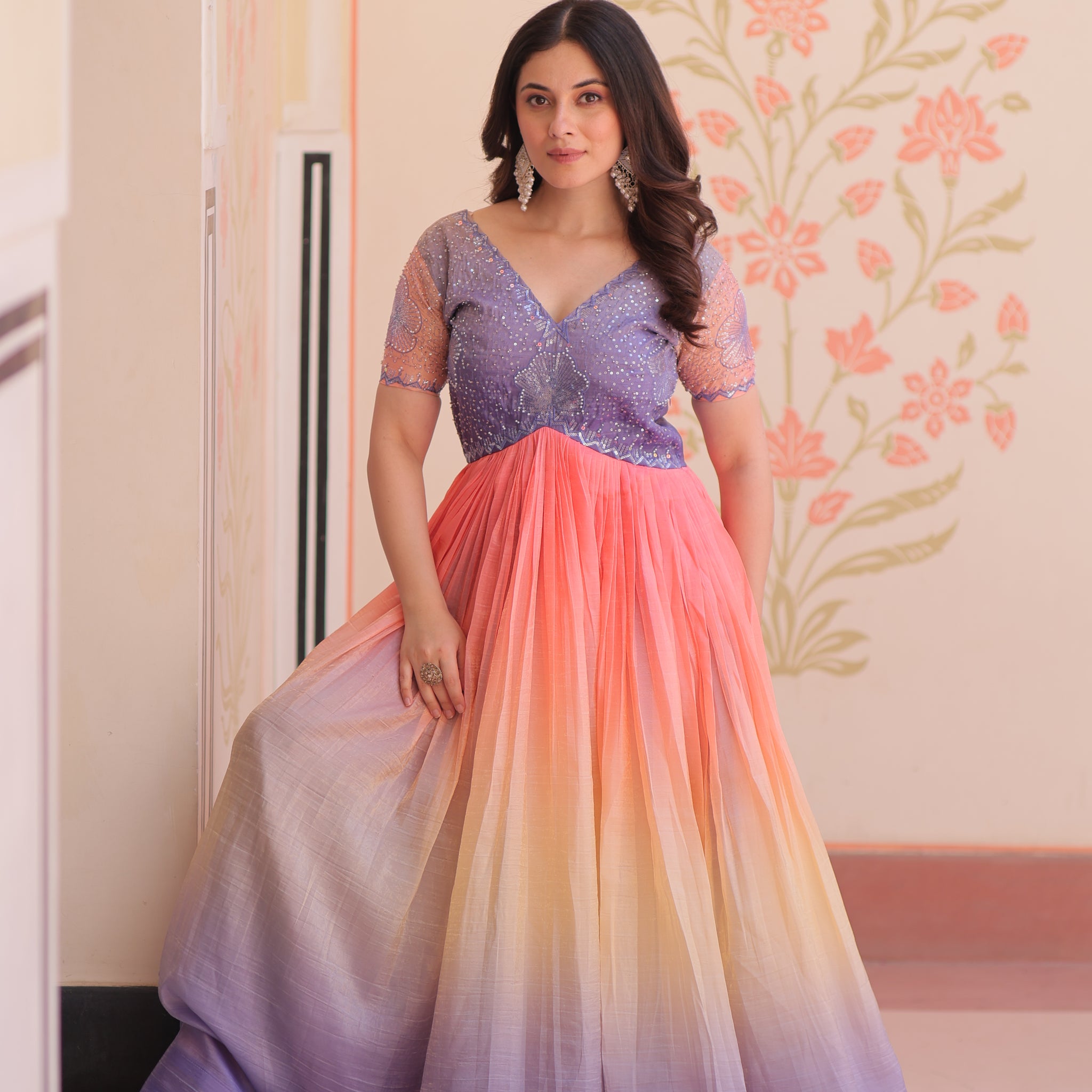TILTON GOLD CRUSH PADDING GOWN WITH BEADS EMBROIDERY WORK