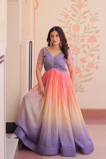 TILTON GOLD CRUSH PADDING GOWN WITH BEADS EMBROIDERY WORK