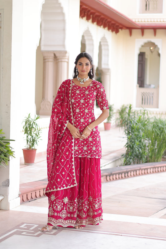 TILTON WEDDING SPECIAL FAUX GEORGETTE RICH EMBROIDERED KURTI AND SHARARA WITH DUPATTA