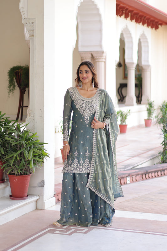 TILTON FENDI SILK SEQUINS EMBROIDERED KURTI -SHARARA WITH DUPATTA