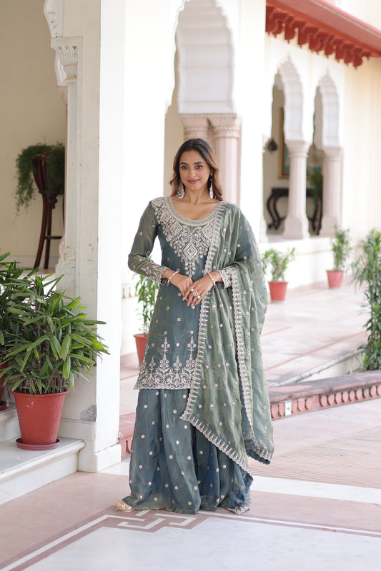 TILTON FENDI SILK SEQUINS EMBROIDERED KURTI -SHARARA WITH DUPATTA