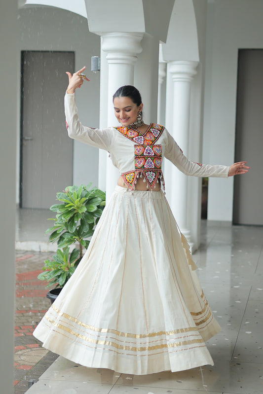 TILTON NAVRATRI SPECIAL KUTCHI GAMTHI WORK KORA COTTON LEHENGA CHOLI WITH KOTI