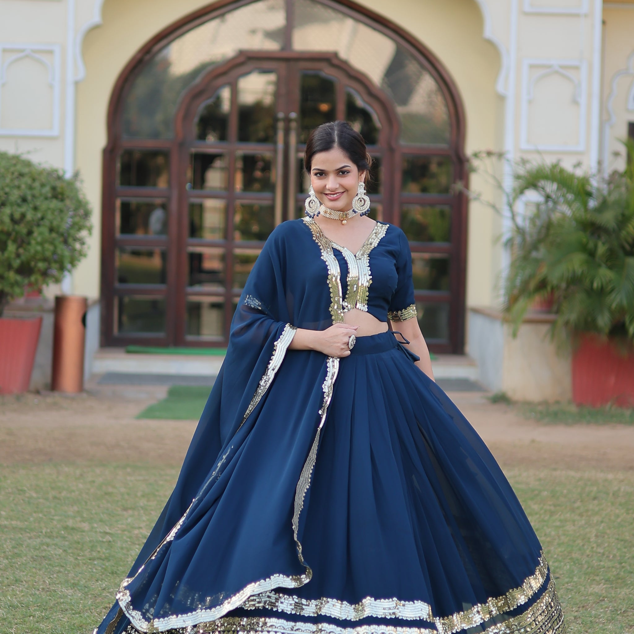 Tilton Rama Coloured Georgette with Sequence Work Woman Designer Party wear Lehenga Choli with Dupatta.