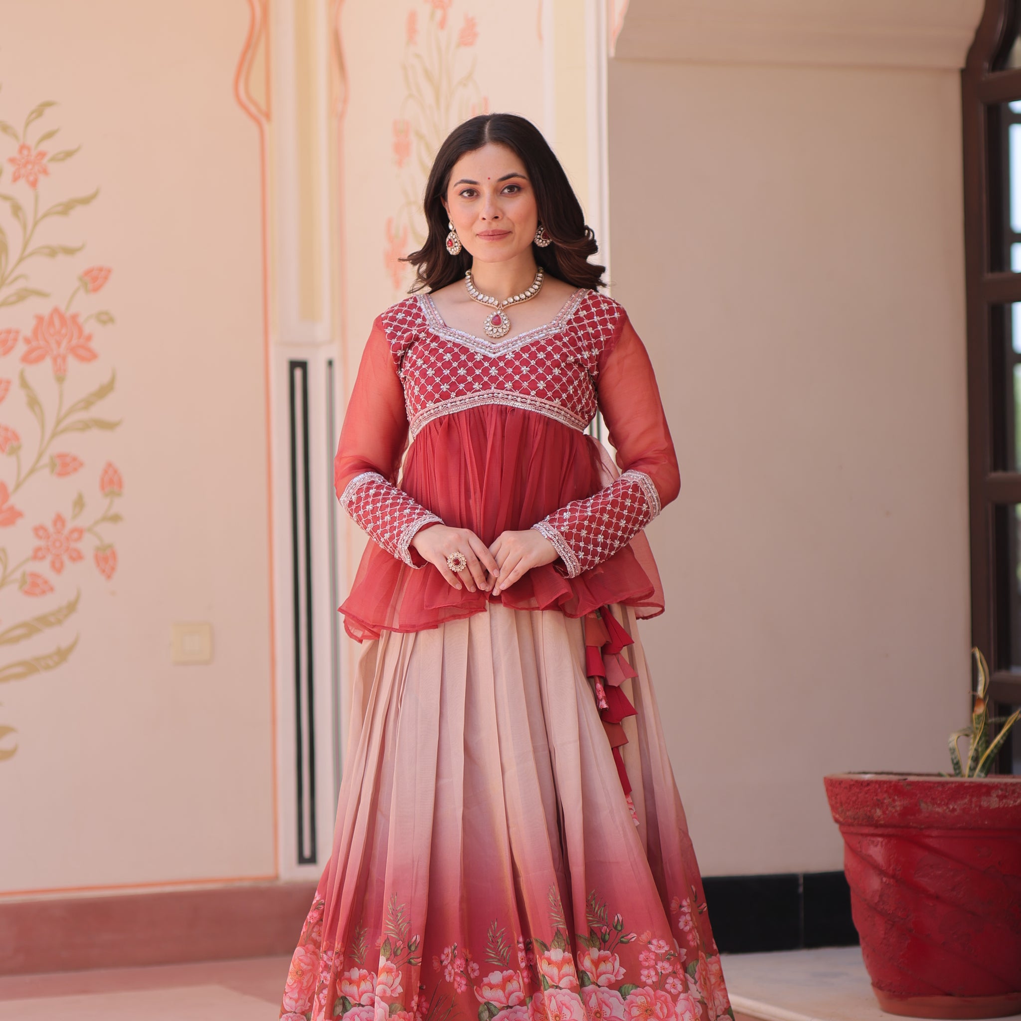 TILTON FESTIVAL SPECIAL COSMOS WITH PRINT CHIFFON BEADS EMBROIDERED LEHENGA CHOLI