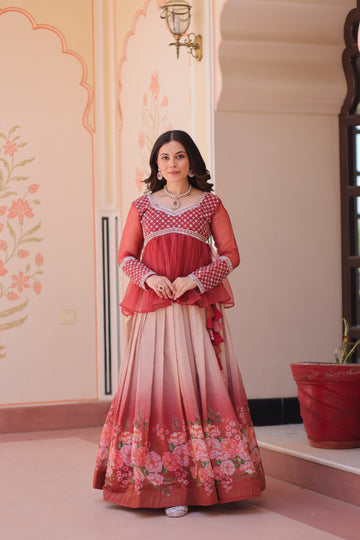 TILTON FESTIVAL SPECIAL COSMOS WITH PRINT CHIFFON BEADS EMBROIDERED LEHENGA CHOLI