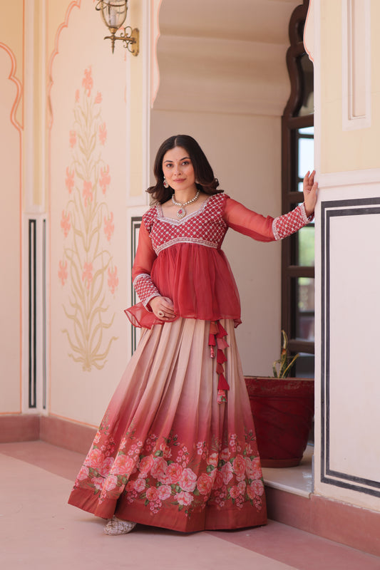 TILTON FESTIVAL SPECIAL COSMOS WITH PRINT CHIFFON BEADS EMBROIDERED LEHENGA CHOLI