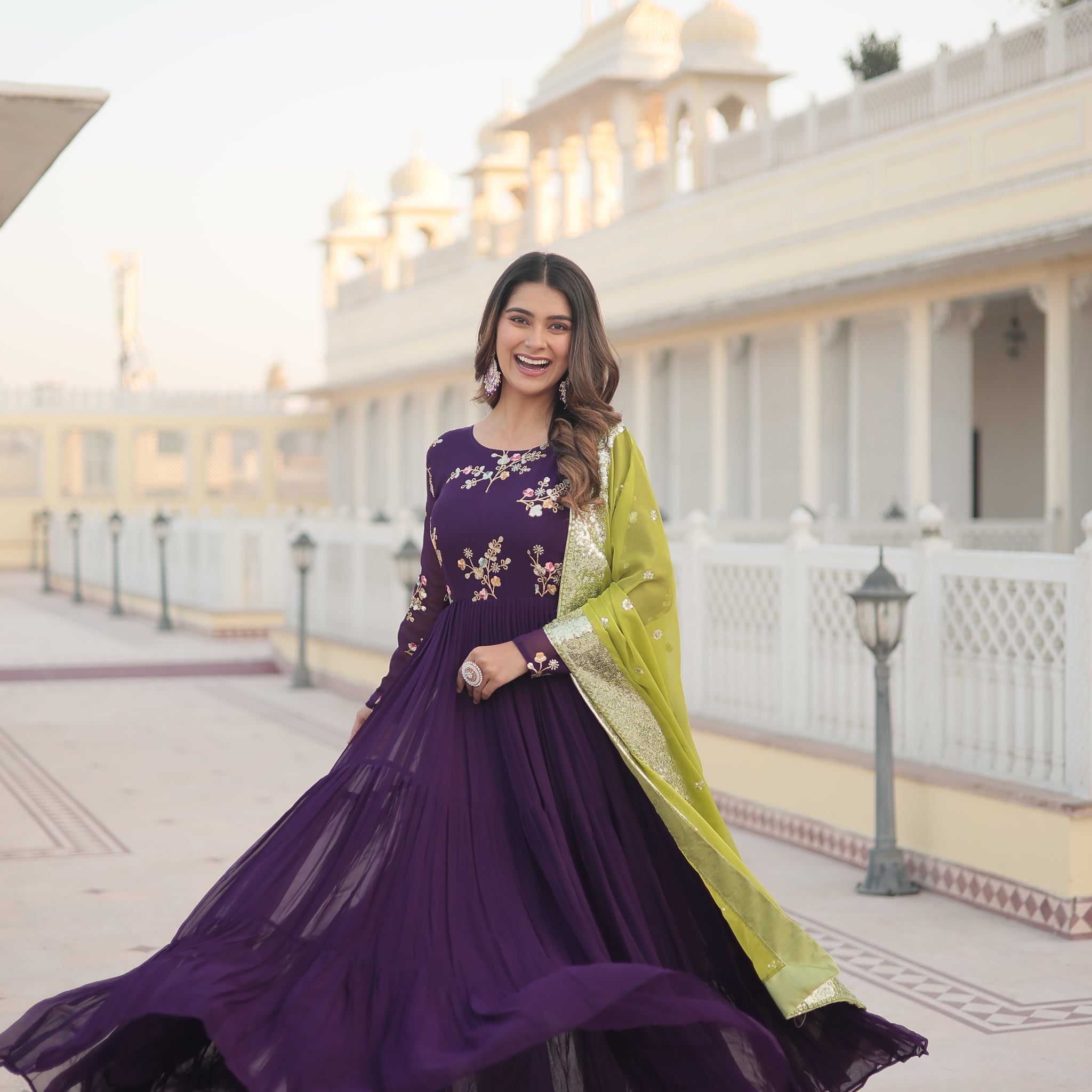 Tilton Premium Faux Georgette Gown with Russian silk Dupatta With Adorable Embroidered thread work