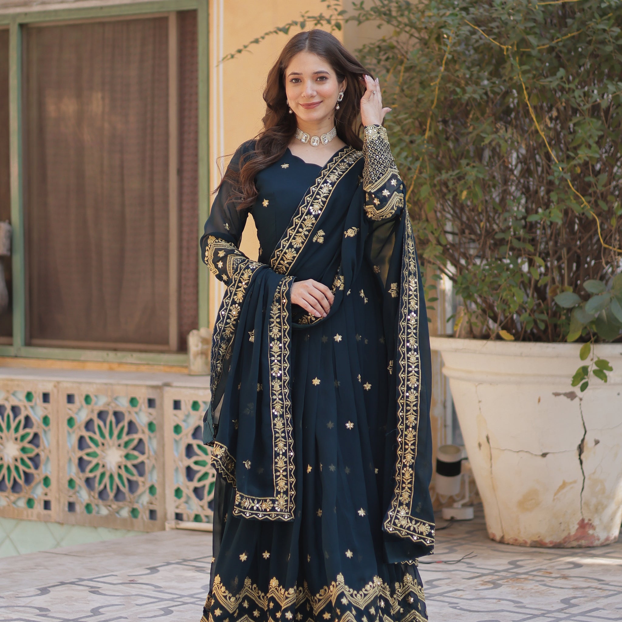 TILTON FAUX BLOOMING GEORGETTE SEQUINS EMBROIDERED GOWN WITH DUPATTA