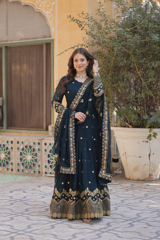 TILTON FAUX BLOOMING GEORGETTE SEQUINS EMBROIDERED GOWN WITH DUPATTA