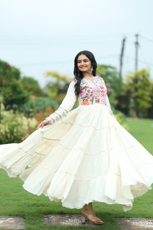 TILTON NAVRATRI SPECIAL KORA COTTON EMBROIDERED GOWN WITH GOTA PATTI WORK