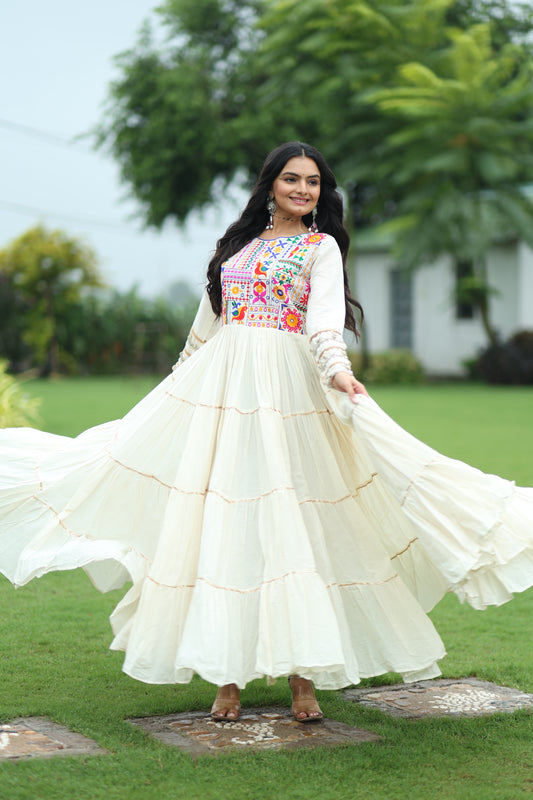 TILTON NAVRATRI SPECIAL KORA COTTON EMBROIDERED GOWN WITH GOTA PATTI WORK