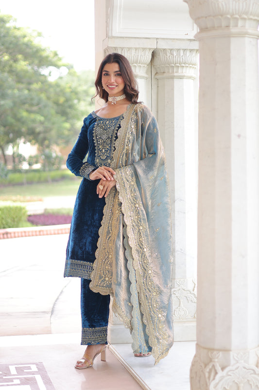 TILTON WEDDING SPECIAL VELVET WITH RICH SEQUINS EMBRODERED KURTI PANT WITH FENDY DUPATTA