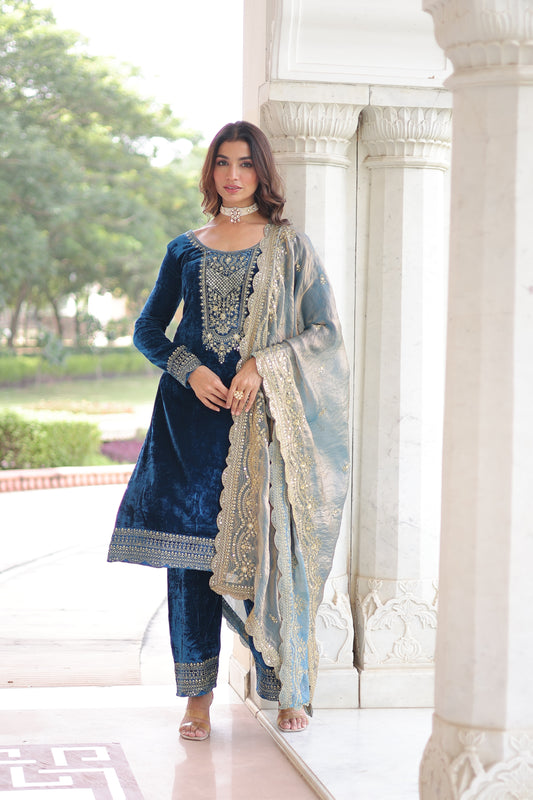 TILTON WEDDING SPECIAL VELVET WITH RICH SEQUINS EMBRODERED KURTI PANT WITH FENDY DUPATTA