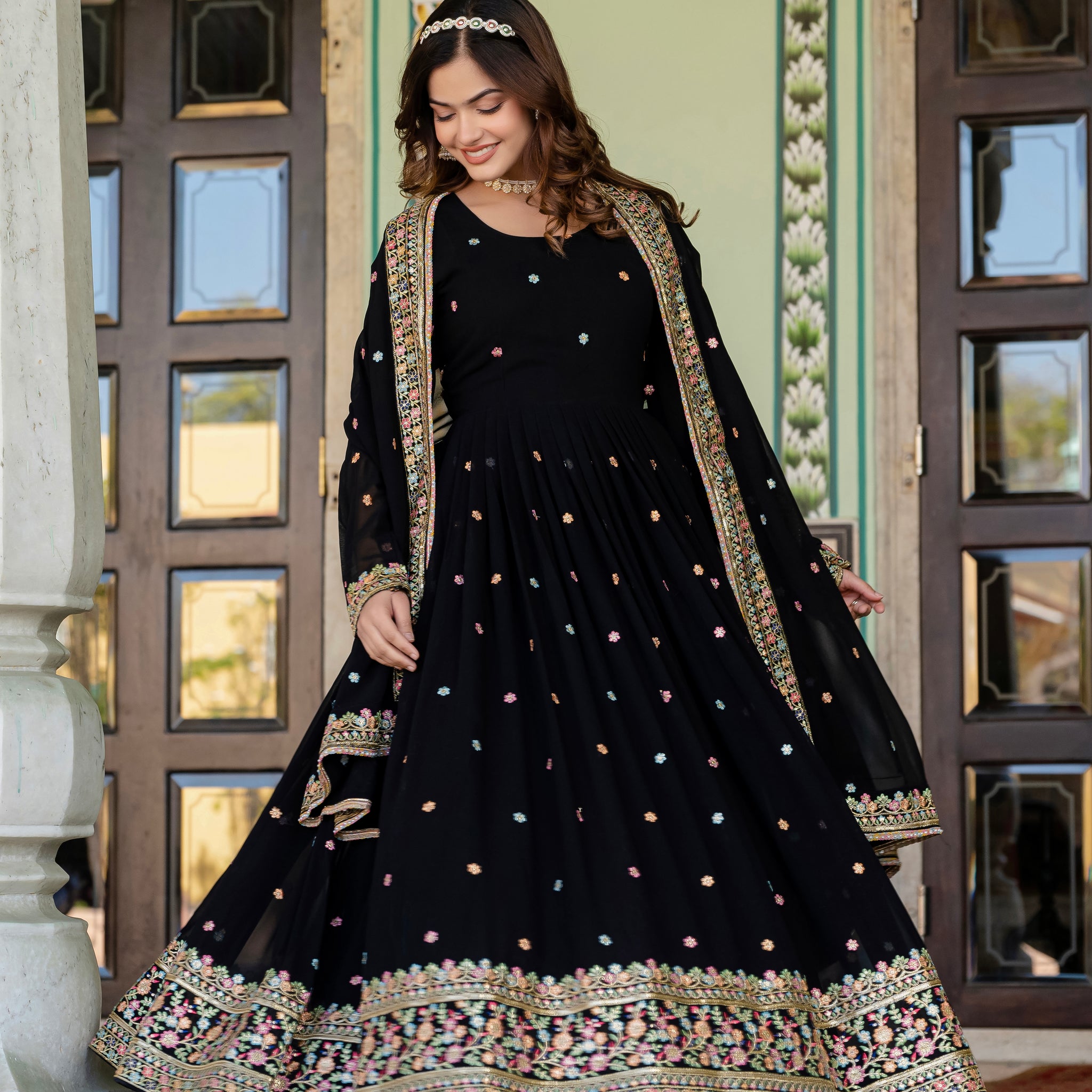 TILTON FAUX GEORGETTE SEQUANCE EMBROIDERED GOWN WITH DUPATTA