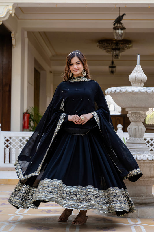 TILTON BLACK BLOOMING EMBROIDERED GOWN WITH DUPATTA