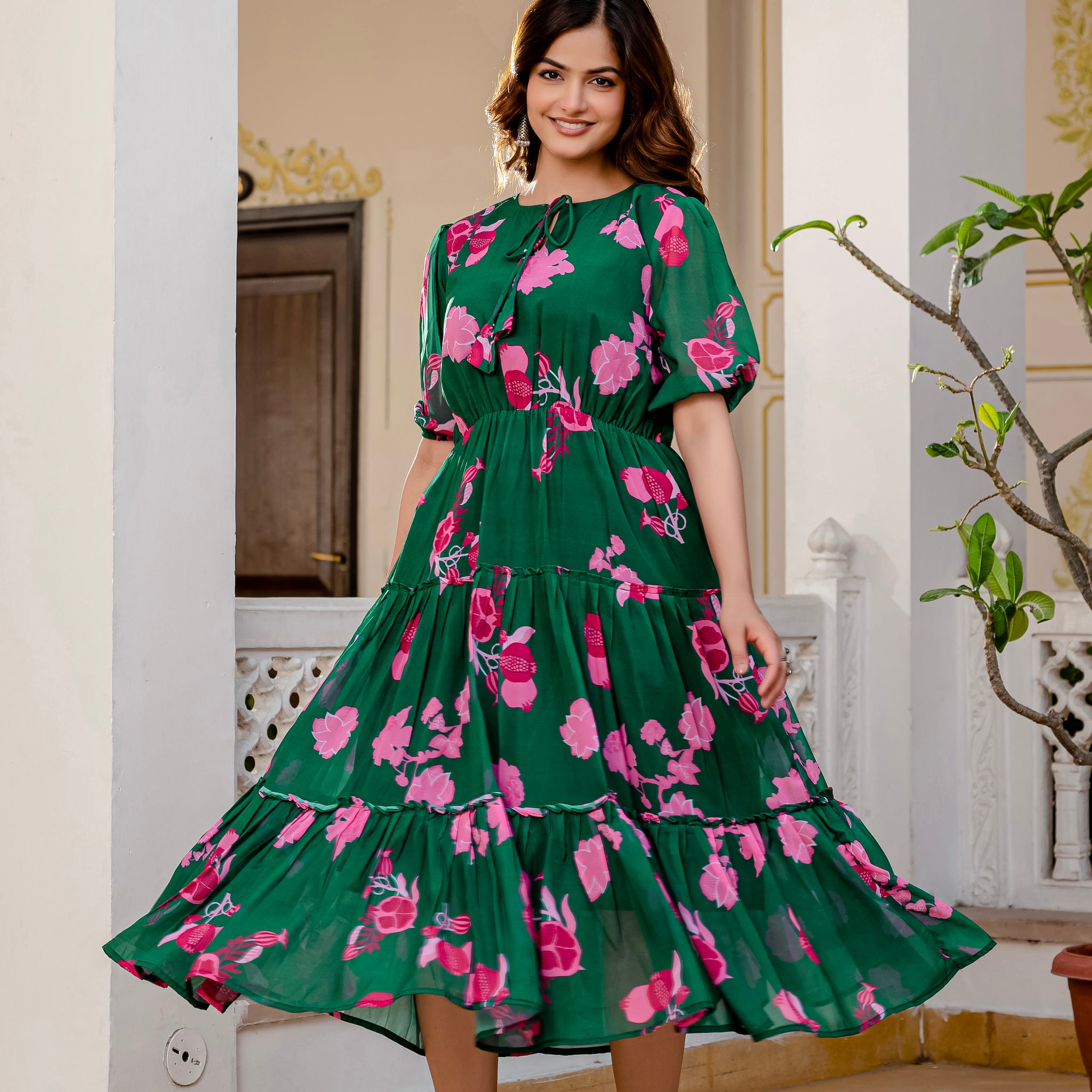 TILTON GREEN FAUX GEORGETTE FLORAL PRINT FLAIRED DRESS