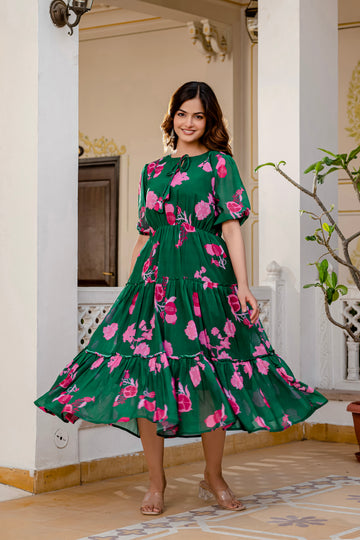 TILTON GREEN FAUX GEORGETTE FLORAL PRINT FLAIRED DRESS